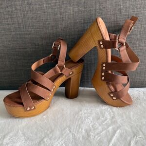 Forever Brown Platform Heels Size 6 Strappy Wood Block Heel Sandals